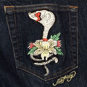 Ed Hardy Jeans Womens 11/12 Tattoo Boot Y2K Skull Flowers Cobra Snake Dark Blue